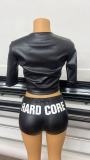 Women's PU Leather Letter Print Zipper Top + Shorts Two-Piece Set