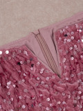 Women's Autumn/Winter Sequin Pink Zipper Off-Shoulder Velvet Formal Party Maxi Dress