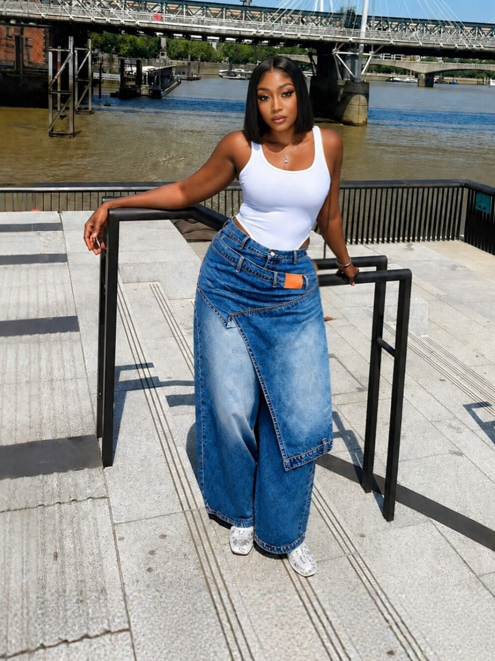 Irregular Denim Wide-Leg Cargo Pants for Streetwear