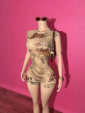 Women's Solid Backless Print See-Through Mesh Romper
