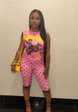 Women's Summer Pink Sleeveless Printed Top and Polka Dot Shorts Two-Piece Set