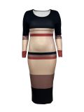Plus Size Women's Color Block Striped Ribbed Round Neck Long Sleeve Double Side Slit Bodycon Maxi Dress