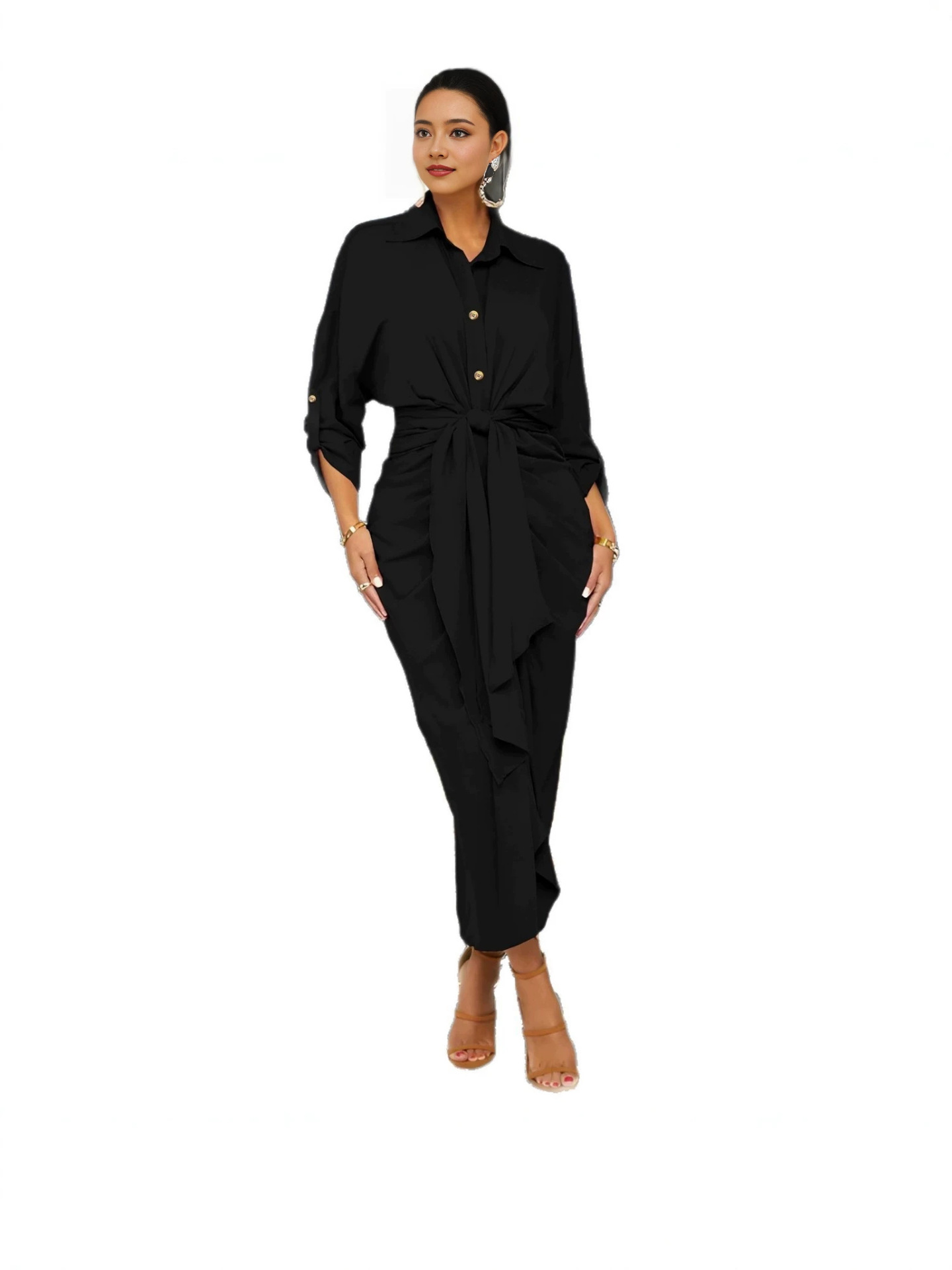 Turndown Collar Lace-Up Irregular Maxi Dress for Autumn