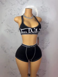 Women's Summer Color Block Letter Print Halter Neck Tank Top and Shorts Two-Piece Set