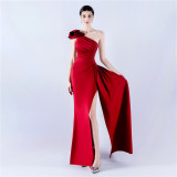 Women's Ruffled Shoulder Slash Shoulder Beaded Evening Dress
