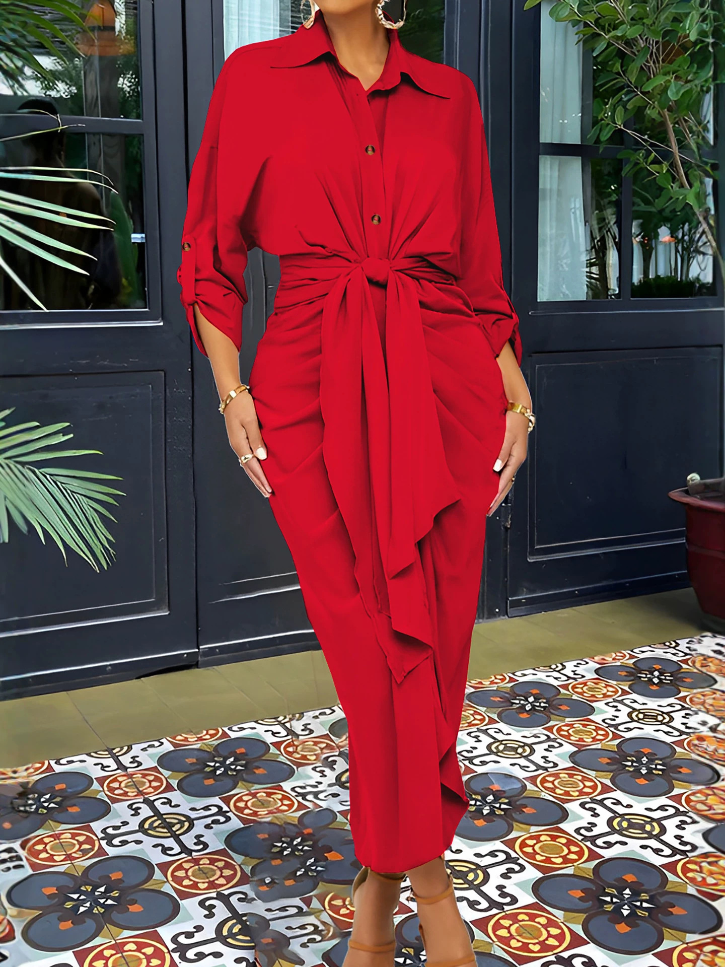 Turndown Collar Lace-Up Irregular Maxi Dress for Autumn