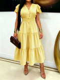 Women's V-neck Button-down Puff Sleeve Maxi Dress