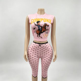 Women's Summer Pink Sleeveless Printed Top and Polka Dot Shorts Two-Piece Set