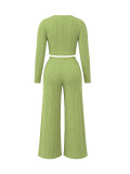 Women's Casual Long-Sleeve Crop Top and Wide-Leg Pants Two-Piece Set