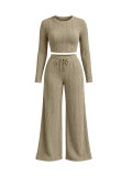 Women's Casual Long-Sleeve Crop Top and Wide-Leg Pants Two-Piece Set