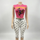 Women's Summer Pink Sleeveless Printed Top and Polka Dot Shorts Two-Piece Set