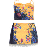 Women's Summer Strapless Top Printed Tassel Patchwork Skirt Two-Piece Set