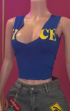 Women's Letter Print U-Neck Sleeveless Stretchy Crop Top