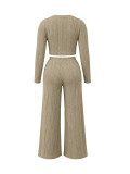 Women's Casual Long-Sleeve Crop Top and Wide-Leg Pants Two-Piece Set
