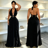 Women's Halter Neck V Neck Hollowed-out Starfish Ruffled Formal Party Maxi Dress