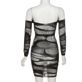 Women's spring/summer off-sleeve long-sleeved sexy mesh bodycon dress