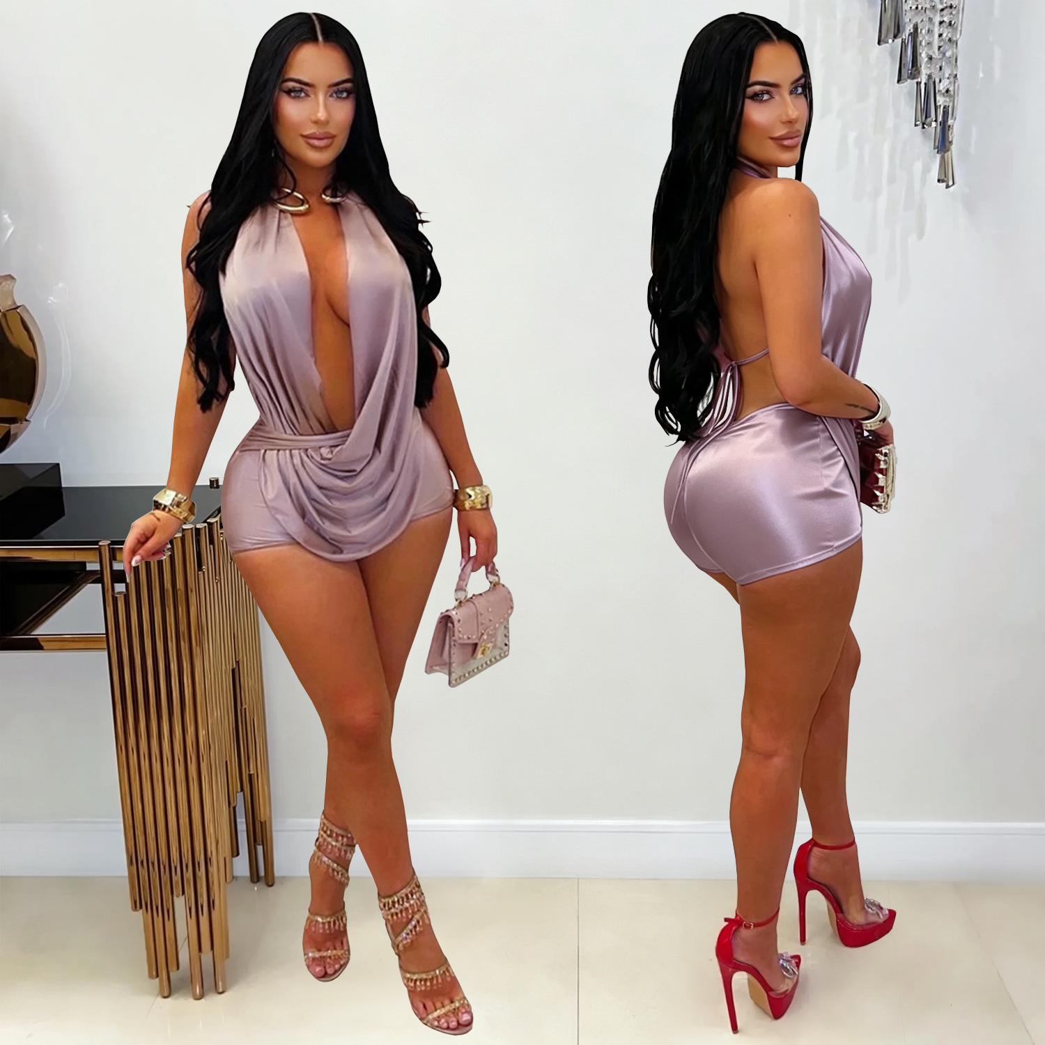 Halter V-Neck Lace-Up Jumpsuit for Party Wear