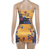 Women's Summer Strapless Top Printed Tassel Patchwork Skirt Two-Piece Set