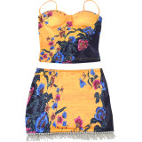 Women's Summer Strapless Top Printed Tassel Patchwork Skirt Two-Piece Set