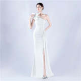 Plus Size Women's Beaded Pleated High-Slit Evening Dress