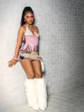 Women's Sexy Backless Halter Neck Knitting Print Color Block Short Skirt