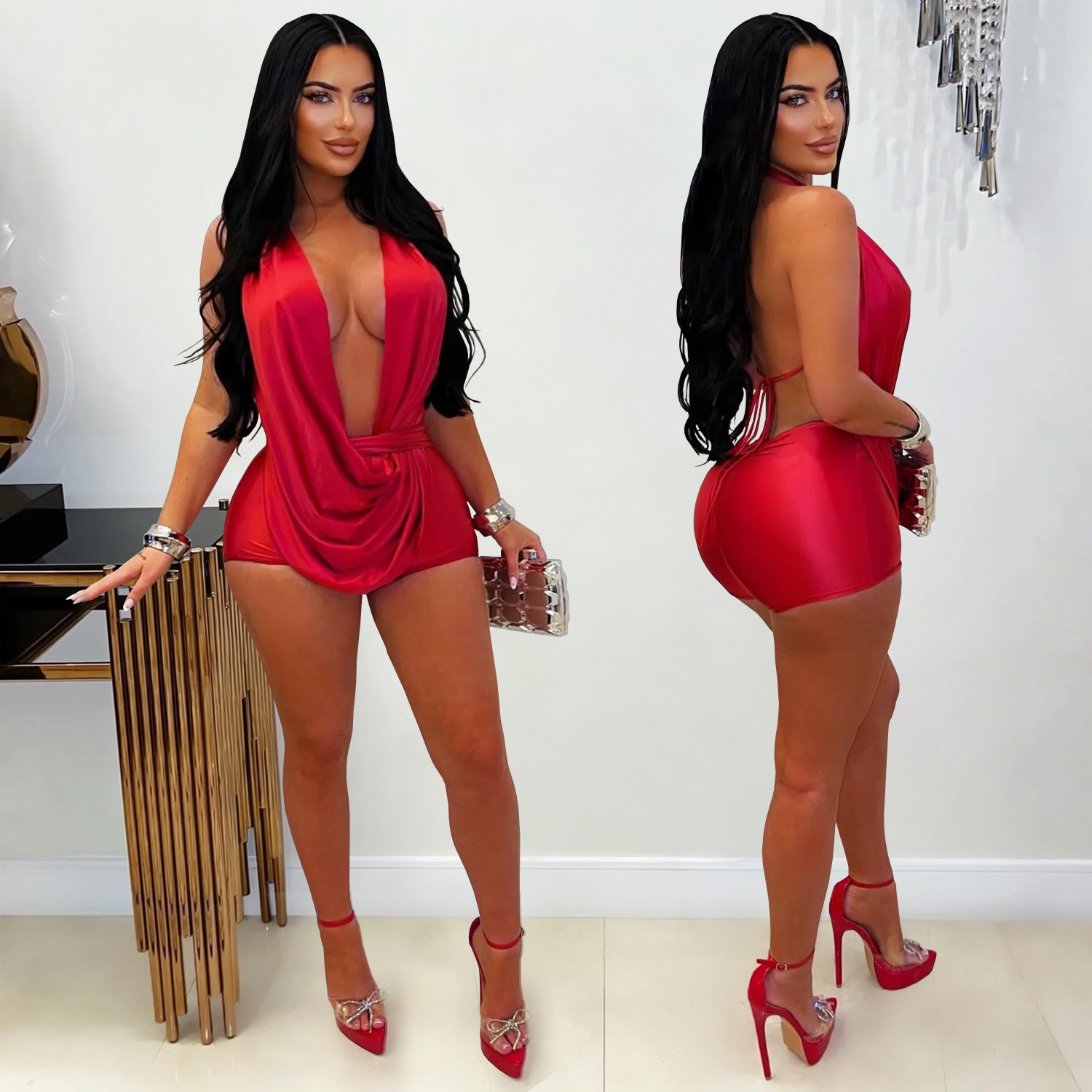 Halter V-Neck Lace-Up Jumpsuit for Party Wear