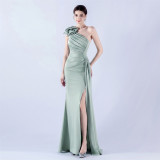 Women's Ruffled Shoulder Slash Shoulder Beaded Evening Dress