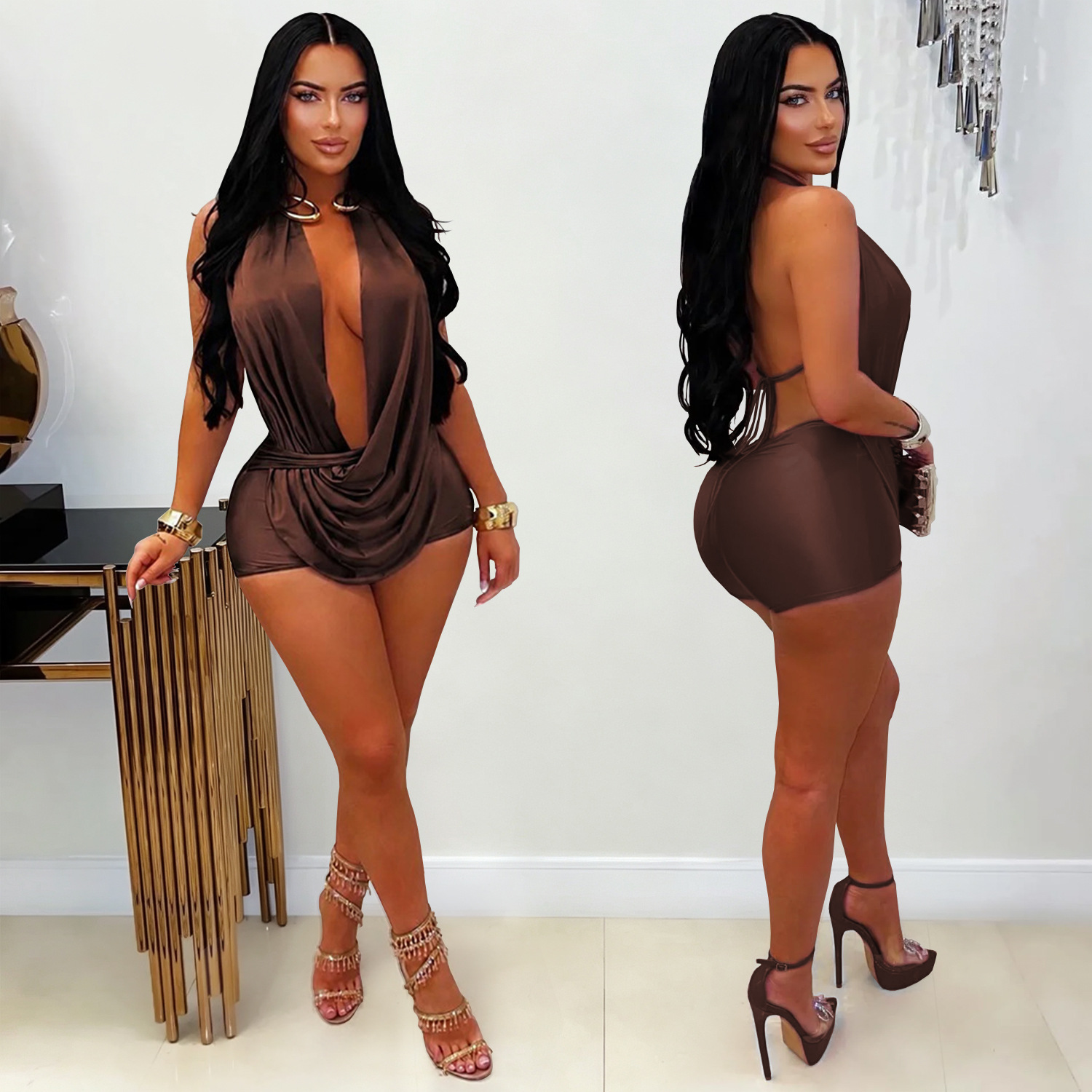 Halter V-Neck Lace-Up Jumpsuit for Party Wear