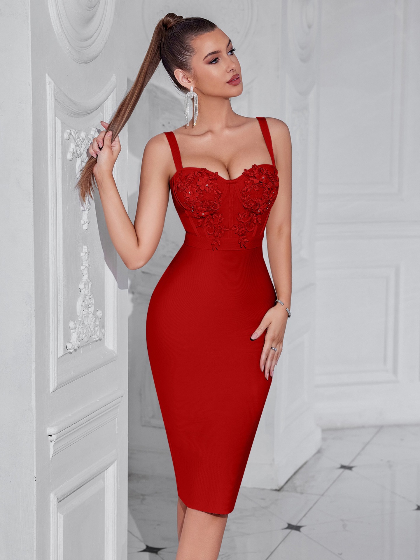 Patterned Tulle Backless Slit Bodycon Bandage Evening Dress