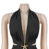 Women's Halter Neck V Neck Hollowed-out Starfish Ruffled Formal Party Maxi Dress