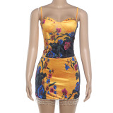 Women's Summer Strapless Top Printed Tassel Patchwork Skirt Two-Piece Set