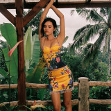 Women's Summer Strapless Top Printed Tassel Patchwork Skirt Two-Piece Set
