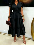 Women's V-neck Button-down Puff Sleeve Maxi Dress