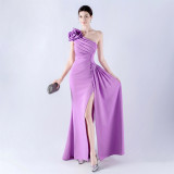 Women's Ruffled Shoulder Slash Shoulder Beaded Evening Dress