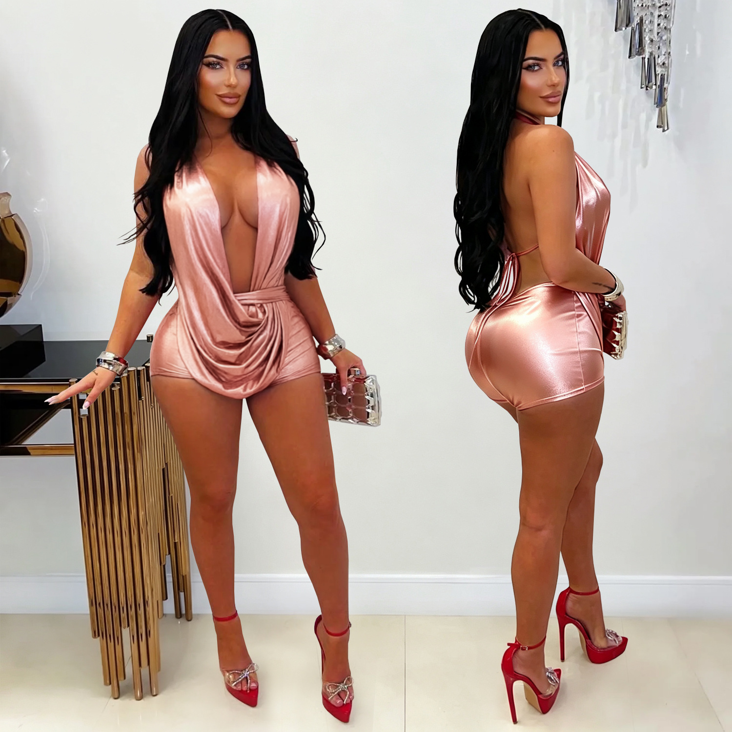 Halter V-Neck Lace-Up Jumpsuit for Party Wear