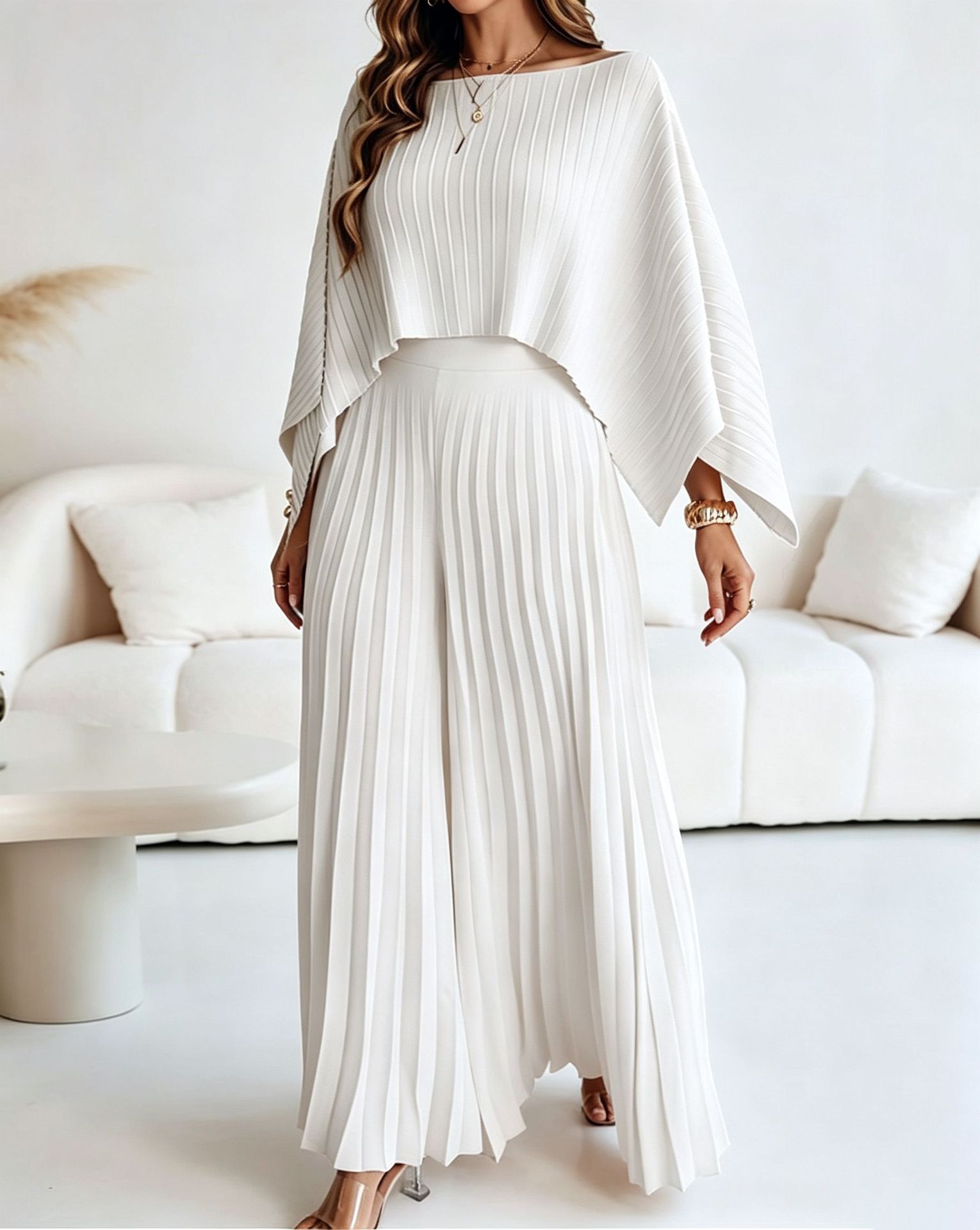 Cape Cover-Up Strapless Top & Wide-Leg Pants Three-Piece Set