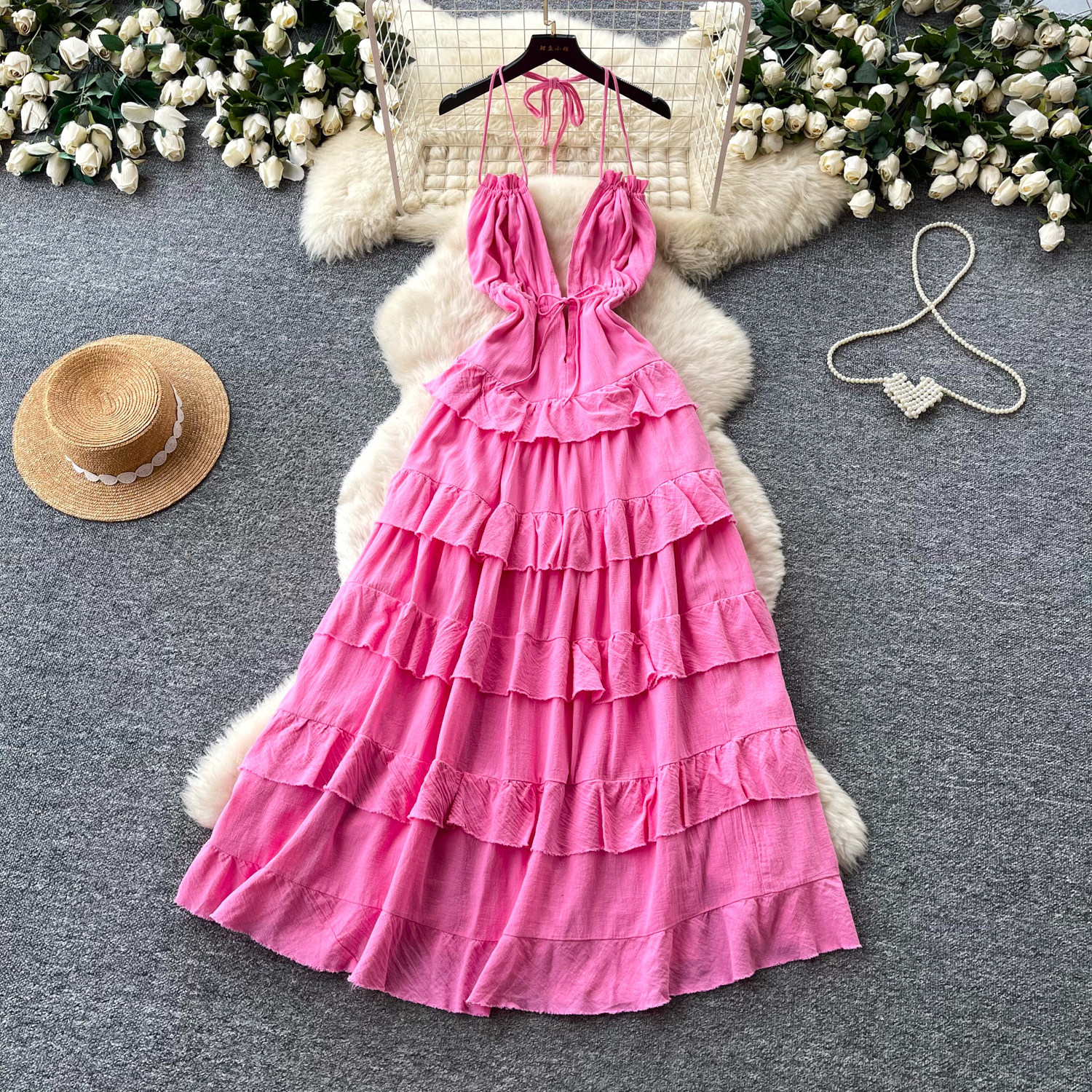 Halter V-Neck Lace-Up Strap Dress for Summer