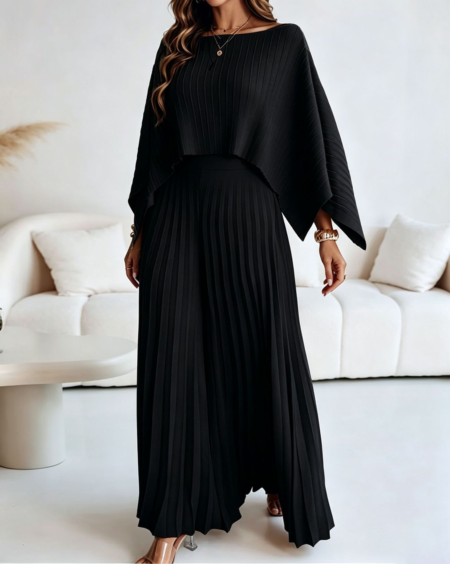 Cape Cover-Up Strapless Top & Wide-Leg Pants Three-Piece Set