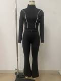 Women Stand Collar Zipper Top and Bell Bottom Pants Stretchy Two-Piece Set