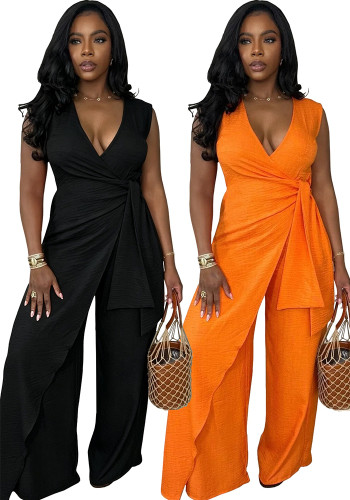 Women Sleeveless V-Neck Cross Lace-Up Slit Wide-Leg Jumpsuit