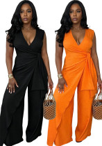 Women Sleeveless V-Neck Cross Lace-Up Slit Wide-Leg Jumpsuit Women Sleeveless V-Neck Cross Lace-Up Slit Wide-Leg Jumpsuit