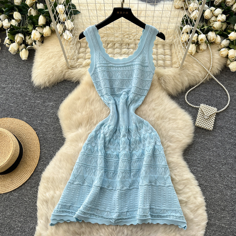 White Knitted Hollow-Out Sleeveless Dress for Summer