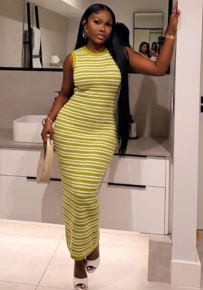 Striped Knitted V-Neck Sleeveless Maxi Dress for Summer