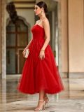 Women Red Off-Shoulder Strapless Mesh Maxi Dress