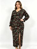 Plus Size Women Spring/Autumn Long-Sleeved Floral Slit Dress