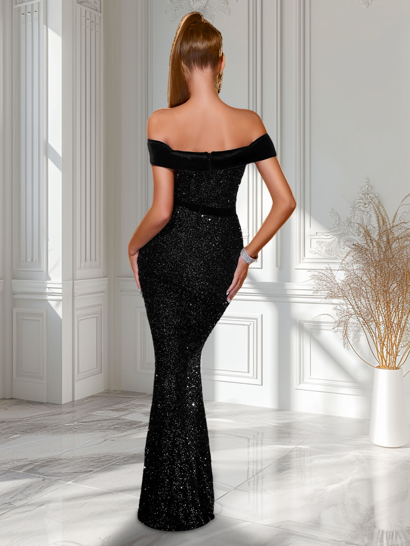 Solid Sequin Off-Shoulder Slit Evening Dress for Parties