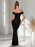 Women Party Sequined Off-Shoulder Slit Solid Evening Dress