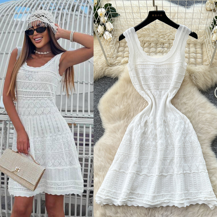 White Knitted Hollow-Out Sleeveless Dress for Summer