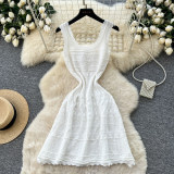 Women French White Sleeveless Knitting Summer Hollow-Out Dress