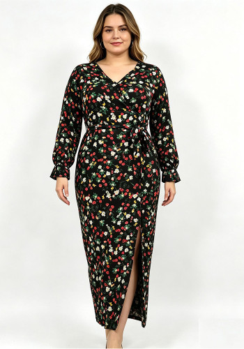 Plus Size Women Spring/Autumn Long-Sleeved Floral Slit Dress